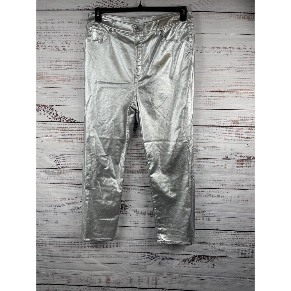 LOFT Jeans Womens 16 Tall Silver High Rise Straight Metallic Stretch Denim Pants